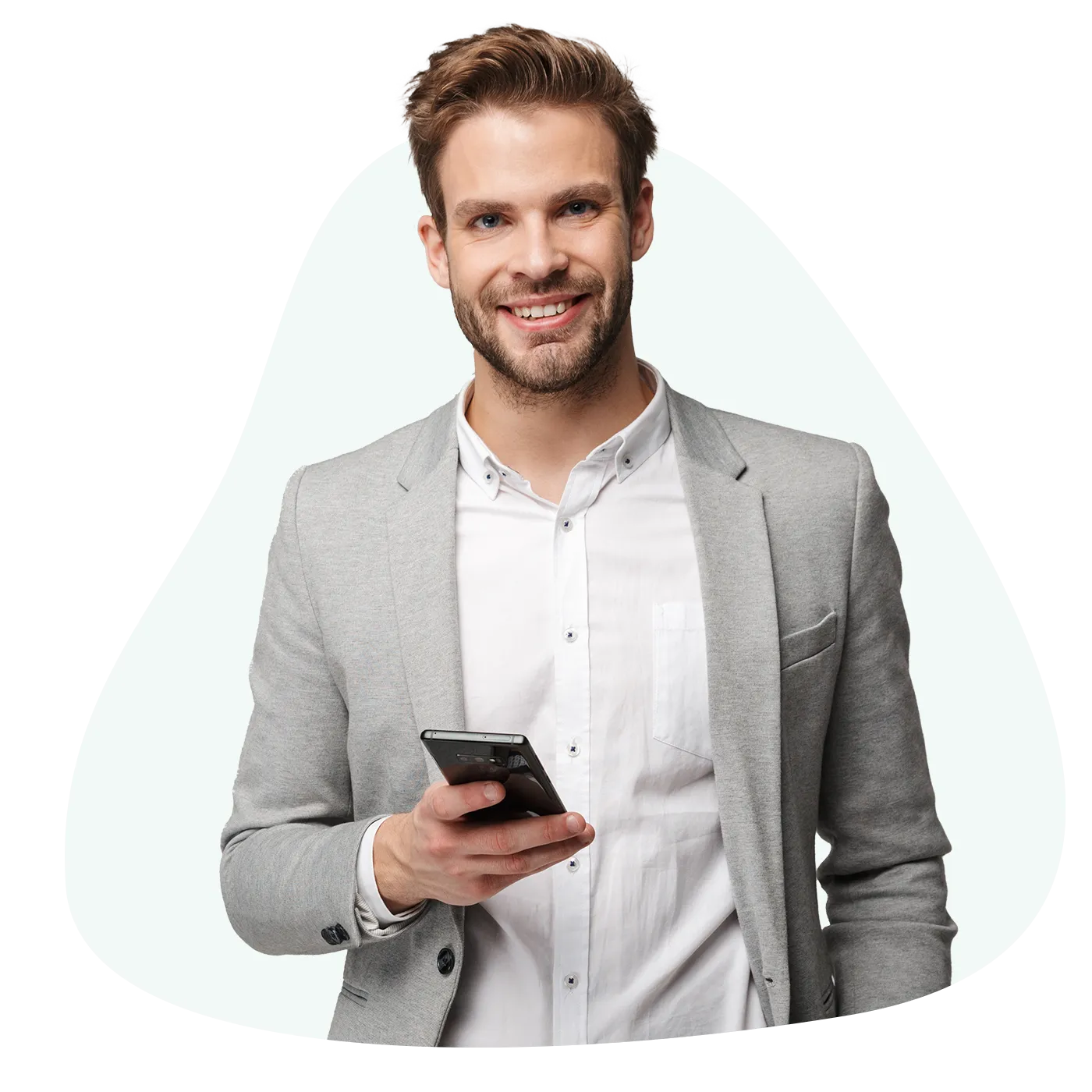 Man In Gray Suit With Phone